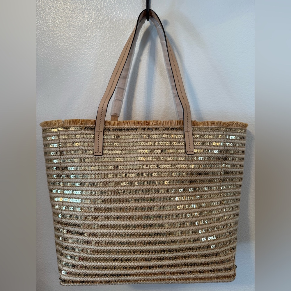 NWT Kate Spade Hallie Garden Way Sequin Raffia Tote Bag With PomPom - Picture 3 of 10